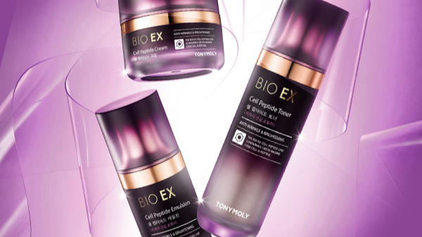 BIO EX skincare products on a purple background